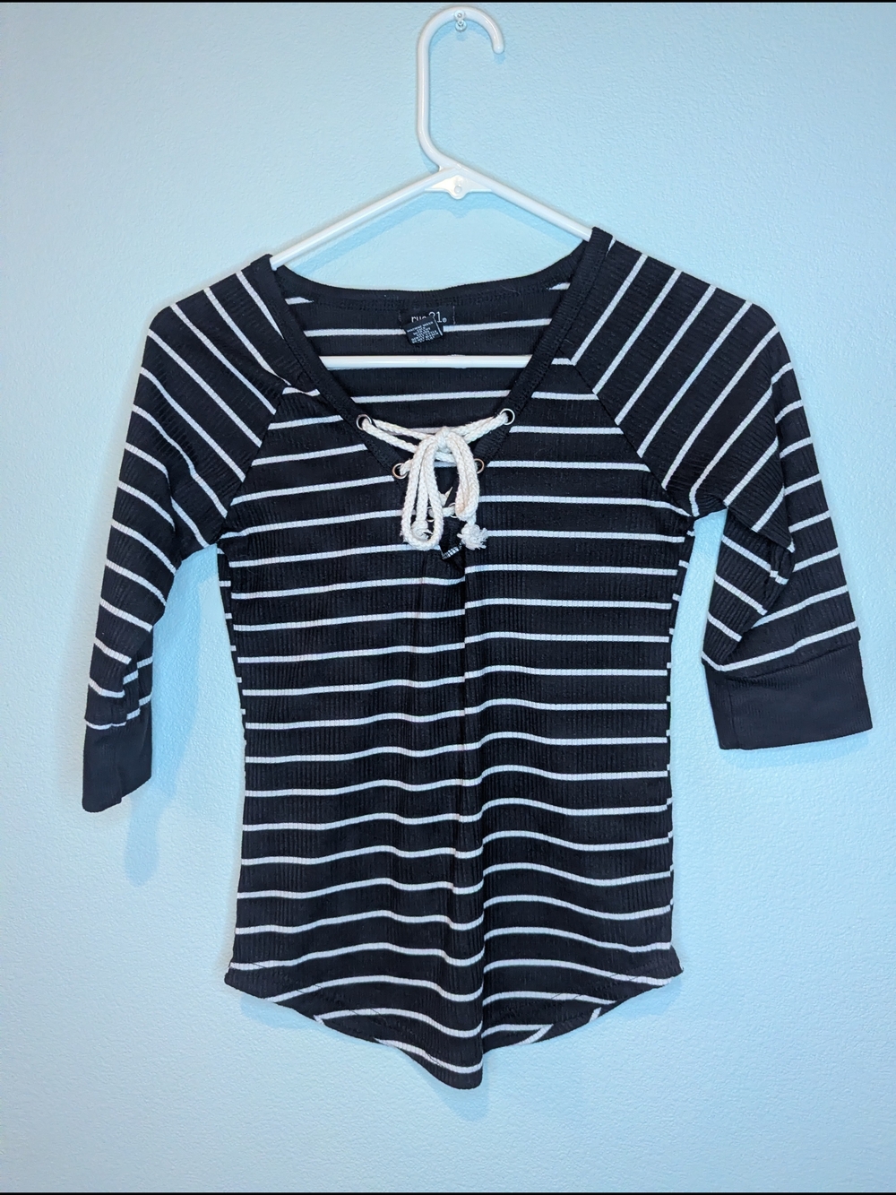 Rue21 Black and White Striped Lace-Up Ribbed Long Sleeve Top